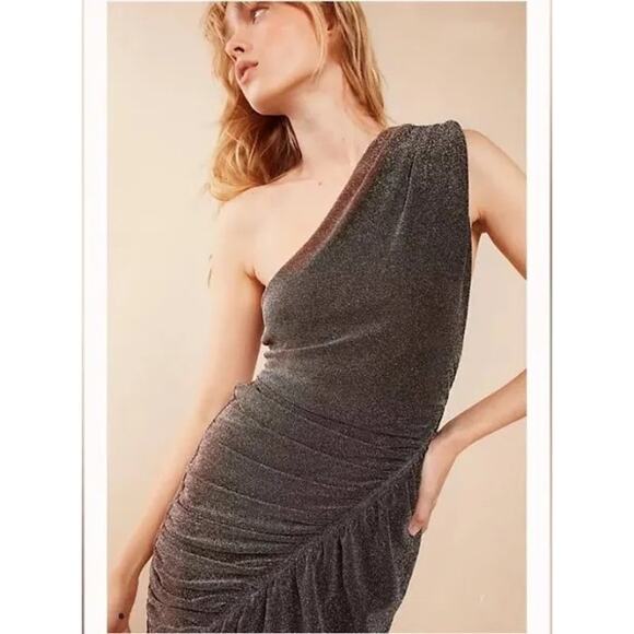 Free People Malia Metallic One Shoulder Mini Dress Size S Black Silver Party NWT - Picture 2 of 8